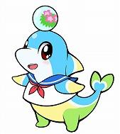 水色のイルカが花の絵が描いている球を頭に乗せているキャラクターの画像