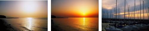 左から順に長浜海岸から見た夕陽、夕陽で赤く染まった空と海、淡輪ヨットハーバーから見える夕陽の写真