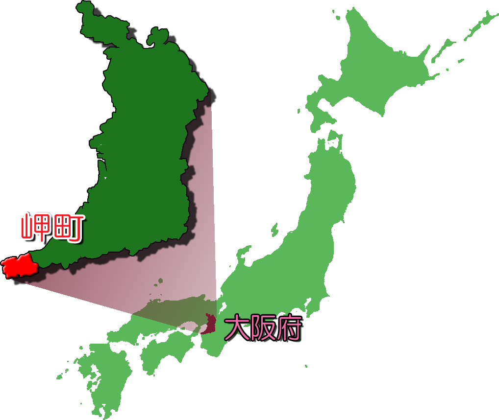 日本地図の中の三崎町を示した地図のイラスト